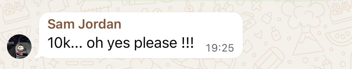 WhatsApp message from Sam Jordan celebrating the opportunity