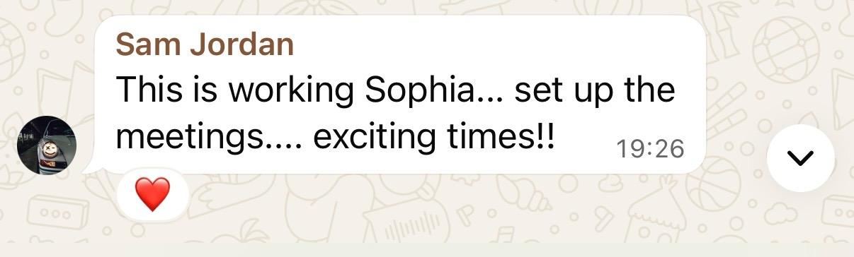WhatsApp message from Sam Jordan confirming meetings are being set up